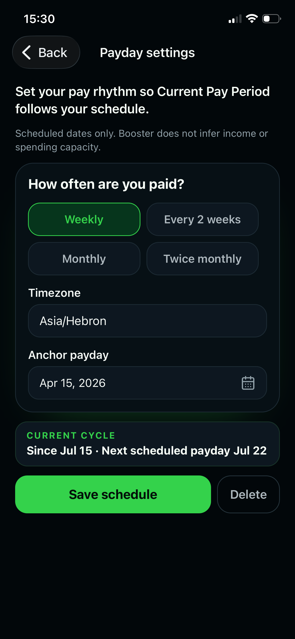 Booster payday schedule settings